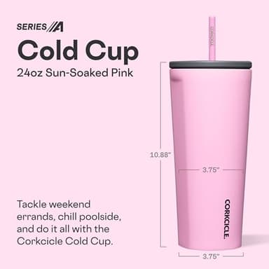 Corkcicle Cold Cup Insulated Tumbler with Straw - Keeps Drinks Cold for 12 Hours - Triple-Insulated Stainless Steel - Leak-Resistant Lid - Summer Drinkware Gift - 24 oz - Sun-Soaked Pink - Image 3