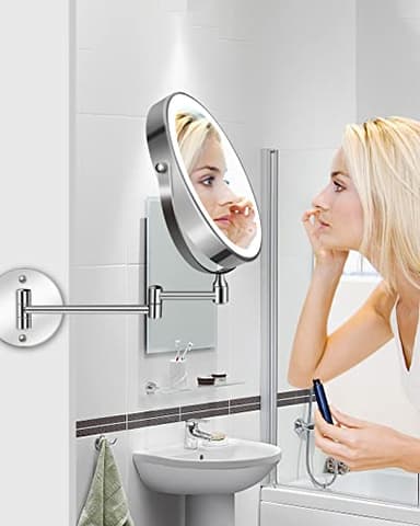 Rechargeable Lighted Wall Mounted Makeup Mirror, 8" Double-Sided 1X/10X Magnifying Bathroom Mirror with 3 Color Lighting, Touch Screen Dimmable 360°Swivel 13 Inch Extendable Chrome Vanity Mirror - Image 6