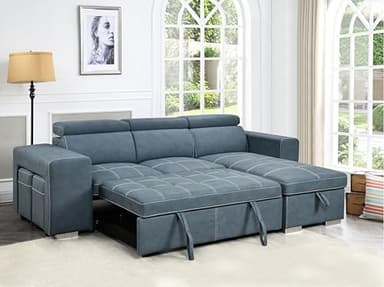 THSUPER 102'' Microfiber L Shaped Sectional Sleeper Sofa Couch with Pullout Bed and Storage Chaise, Convertible Couches with Adjustable Headrest for Living Room, Reversible Chaise. Navy Blue - Image 4