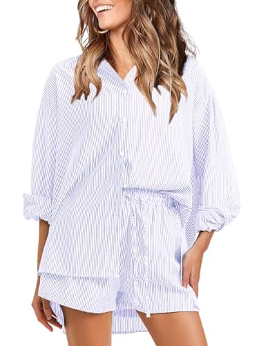 EXLURA Women's Summer 2 Piece Sets Long Sleeve Button Down Shirts Matching Short Sets Beach Vacation Cruise Outfits 2025 - Image 1
