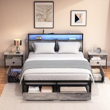 HAUSOURCE LED Bed Frame Full Size with Headboard & 4 Storage Drawers Platform Bed Frame with 2 Charging Outlets and 2 USB Ports Strong Metal Slats Support No Box Spring Needed - Image 3