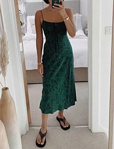 Omoone Womens Floral Dress Low-Cut Square Neck Spaghetti Strap Tie Bodycorn 90s Y2k Sun Dresses (01Green, Medium) - Image 4