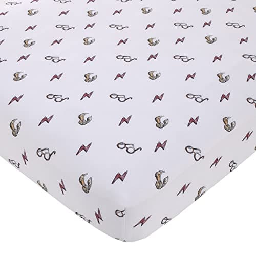 Warner Brothers Harry Potter White, Red, and Gold Lightning Bolt, Golden Snitch, and Glasses Nursery Fitted Crib Sheet - Image 1