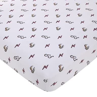 Warner Brothers Harry Potter White, Red, and Gold Lightning Bolt, Golden Snitch, and Glasses Nursery Fitted Crib Sheet - Image 1