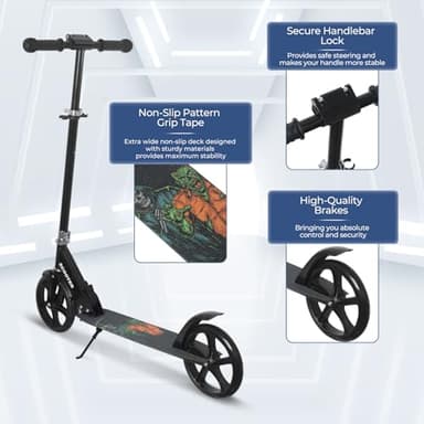 Nattork Scooter for Kids 8-12, Teens and Adults- Adjustable Height Folding Kick Scooter with Large Sturdy Wheels for a Smooth Ride, Lightweight, Anti-Shock Suspension for Boys and Girls-Black - Image 2