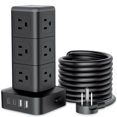 NTONPOWER Power Strip Tower, 1080J Surge Protector, 12 Outlets & 4 USB (2 USB C), 10 Ft Flat Plug Extension Cord, 1625W/13A Overload Protection, Compact for Home Office Dorm - Image 1