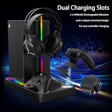 Allnice Cooling and Charging Stand for Xbox Series X/S with 2 X 1400 mAh Rechargeable Battery Xbox Series X/S Stand with Cooling Fan and Controller Charging Station & RGB Lights, 12 Game Disk Holder - Image 4