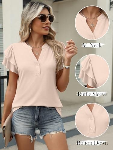 ANRABESS Womens Tops Dressy Casual Ruffle Short Sleeve V Neck Blouses Summer Button Down Business Work Elegant Shirts Beige Large - Image 6