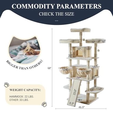 Allewie 68 Inches Cat Tree/House and Towers for Big Feline/Scratching Post/Multi-Level Large Kitty Climbing Tree with Condo/Beige - Image 7