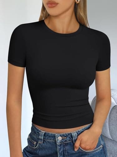 Trendy Queen Womens Basic T-Shirts Scoop Neck Short Sleeve Crop Tops Cute Summer Tops Slim Fit Tees Y2k Clothing 2024 Black M - Image 6