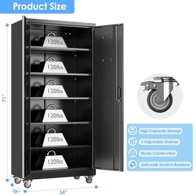 Aobabo Upgraded Garage Storage Cabinets with Wheels,Metal Storage Cabinets with 5 Adjustable Shelves for Garage Home Office Storage, Black,71''H*34''W*18''D,Assembly Required - Image 3