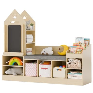 MU Kids Bookshelf with Reading Nook, Wooden Toy Storage Organizer with Chalkboard and Bench, Kids Reading Nook for Boys & Girls, Toddler Toy Shelf for Bedroom, Nursery, Playroom, Natural Oak - Image 8