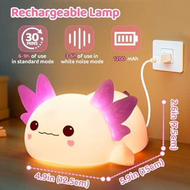 Huggwaii Squishy Axolotl Night Light for Kids, 4 Soothing White Noise Sounds, Dimmable Silicone Axolotl Lamp Toddler Light, Upgraded Rechargeable Nightlight Long Battery,Baby Gifts & Girls Room Decor - Image 5