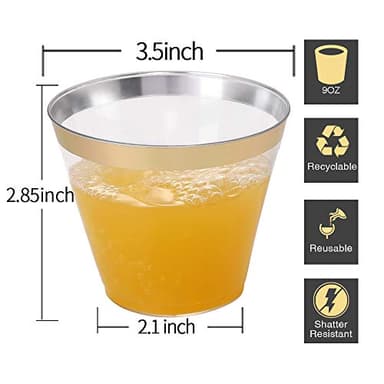 I00000 200 Pack Gold Plastic Cups, 9 Oz Elegant Clear Plastic Cups Gold Rimmed Disposable Wine Glasses Fancy Disposable Party Cup Wedding Cup Drinking Tumblers Cocktail Glasses Perfect for Party - Image 2