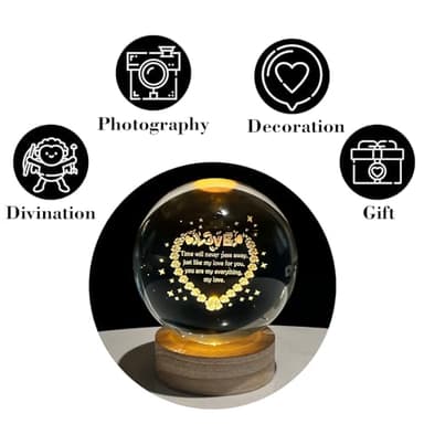 Orekih 3D Crystal Ball Night Light, Heart Night Light, Side Table Lamps for Bedroom, with Wooden Base, Ideal Gift for Home Decor - Image 6