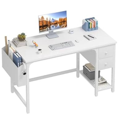 Lufeiya White Computer Desk with Drawers - 47 Inch PC Desk for Small Space Bedroom Home Office, Modern Simple Study Writing Table Desks with Storage Shelf, White - Image 1