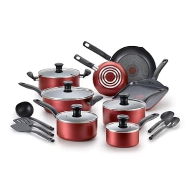T-fal Initiatives Nonstick Cookware Set 18 Piece, Oven Broiler Safe 350F, Kitchen Cooking Set w/Fry Pans, Saucepans, Saute Pan, Dutch Oven, Griddle, Pots and Pans, Home, Dishwasher Safe, Red - Image 1
