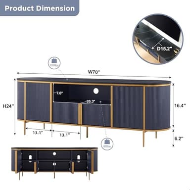 OKD Luxury 70" Fluted TV Stand, Modern Chic Entertainment Center for TVs Up to 80 inches, TV Console with Faux Marble Top, Curved Profile Design, Media Console for Living Room, Navy Blue - Image 6