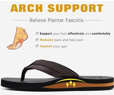 KuaiLu Men's Leather Flip Flops Arch Support Summer Beach Pool Water Thong Sandals Waterproof Rubber Walking Shoes Slip on Orthotic Casual Sport Cushioned Wide Slides Shower Slippers Brown Size 12 - Image 4