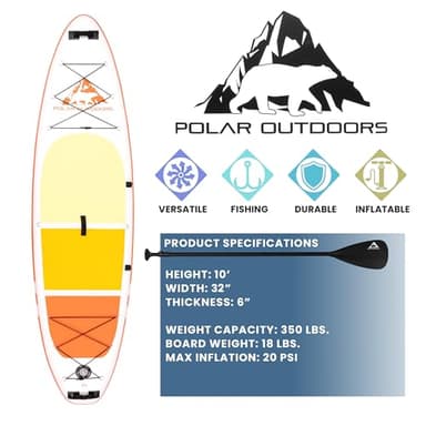 Polar Outdoors by Roc Inflatable Stand Up Paddle Board with Premium SUP Paddle Board Accessories, Wide Stable Design, Non-Slip Comfort Deck for Youth & Adults (Sunrise) - Image 3