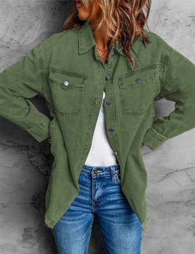 Vetinee Women's Oversized Denim Jean Jacket in Elm Green, Frayed Raw Hem, Front Button, Long Sleeve, Pockets - Size 8/10 - Image 7