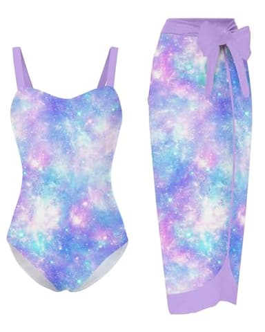 uideazone Girls One Piece Swimsuit with Wrap Skirt Purple Starry Sky Printed Swimwear Size 5 6 Sun Protection Bathing Suit Two Piece Coverups Sets for Beach Surfing - Image 1