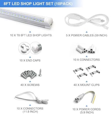 10-Pack 8ft LED Shop Light Fixture - 90W T8 Integrated LED Tube Light - 6500K 12000LM V-Shape Linkable - High Output - Clear Cover - Plug and Play - 270 Degree Lighting for Garage, Shop, Barn - Image 2