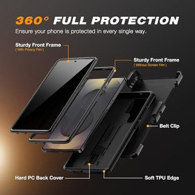 TONGATE for Samsung Galaxy S25 Ultra Case, [with Privacy Screen Protector & Slide Camera Cover] [2 Front Frames] Full-Body Heavy Duty S25 Ultra Case with Stand & Belt Clip Holster, Black Privacy 6.9" - Image 8