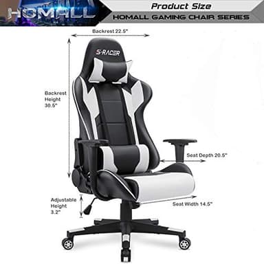 Homall Gaming Chair, Office Chair High Back Computer Chair Leather Desk Chair Racing Executive Ergonomic Adjustable Swivel Task Chair with Headrest and Lumbar Support (White) - Image 3