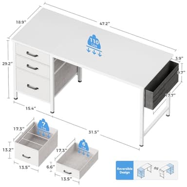 Casaottima 40" Small Computer Home Office Desk for Bedroom with Fabric Drawers & File Cabinet, Cloth Storage Bag and Hook, Writing Study Work Table for Small Space, White - Image 3
