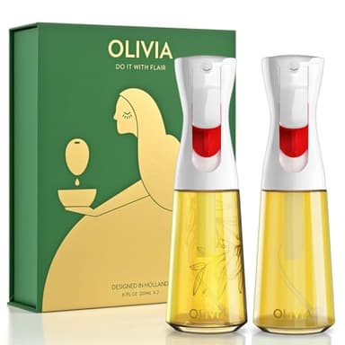 FLAIROSOL OLIVIA Oil Sprayer for Cooking, 2 Pack 200ML Glass Olive Oil Sprayer, Continuous Cooking Spray Dispenser with Portion Control for Kitchen Air Fryer, Salad, BBQ, White - Image 1