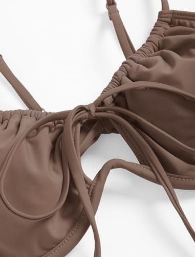 ZAFUL Women Plus Size Bikini Sets Cute High Cut Thong String Push Up Swimsuit Two Piece Underwire Bathing Suit Teen Girl Brazilian Cheeky Cut Out Lace Up Retro Sexy Swimwear Coffee XL - Image 7