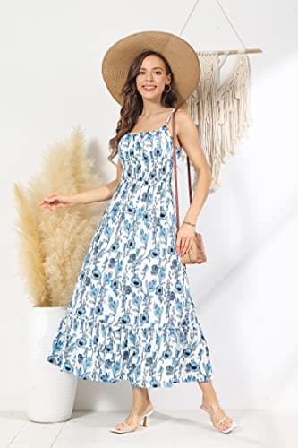 Women Sleeveless Spaghetti Strap Dress Square Neck A-line Ruffle Hem Maxi Dress Floral Sundress Blue Floral S - Image 2