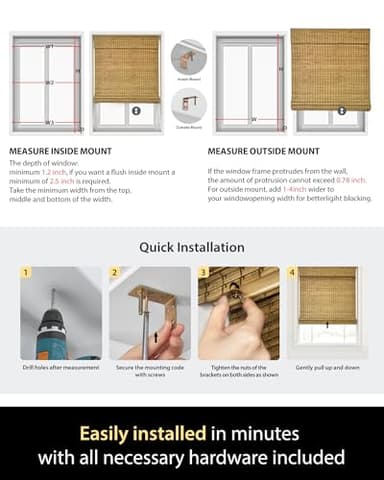 UNISHADES Cordless Bamboo Roman Shades for Windows, Blinds Size (27 1/2" W × 64" H) Colour (BDP-Driftwood) Fits Windows (27 3/4" W × 64" H) - Image 6