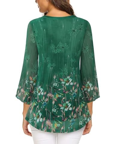 VALOLIA Dressy Tops for Women - Fancy Blouses with Half Sleeve & Long Sleeve Options - Elegant Flower Patterns - Church Tunic Tops - Loose Fit, V Neck - Spring Clothes in Green, Large - Image 4