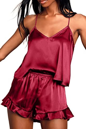 CHYRII Women's Sexy Silk Satin PJS Ruffle Cami Tops Shorts 2 PCS Pajamas Sets Nightwear Burgundy M - Image 6