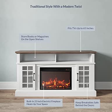 BELLEZE Traditional 58" Rustic TV Stand with 23" Electric Fireplace Heater with Sound, Media Entertainment Center Console Table for TV up to 65" with Open Storage Shelves and Cabinets - White - Image 4