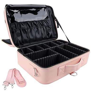 JOURMON Travel Makeup Case Portable Makeup Train Case Organizer Cosmetic Bag with Adjustable Dividers and Shoulder Strap for Makeup Brushes Toiletry Travel Accessories(Pink, L) - Image 1