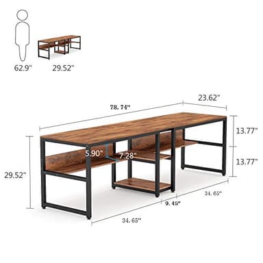 Tribesigns Two Person Desk with Bookshelf, 78.7 Computer Office Double Desk for Two Person, Rustic Writing Desk Workstation with Shelf for Home Office (Brown) - Image 3