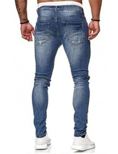 HUNGSON Men's Blue Slim Fit Jeans Stretch Destroyed Ripped Skinny Jeans Side Striped Denim Pants(LBlue,34) - Image 3