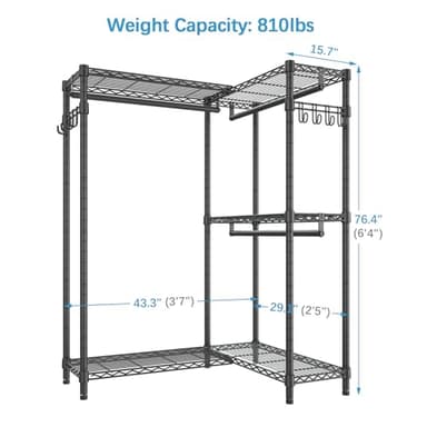 VIPEK L4 Garment Rack L Shaped Clothes Rack for Corner, Freestanding Portable Wardrobe Closet Heavy Duty Clothing Rack with 3 Hanging Rods & 2 Side Hooks, 43.3"Lx29.1"Wx76.4"H, Max Load 810LBS, Black - Image 5