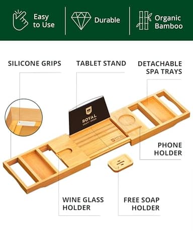 ROYAL CRAFT WOOD Bathtub Tray Caddy for Tub, Bamboo Bath Shelf, Premium Foldable Wood Bath Table, Expandable Bathtub & Bathroom Accessories, New Home Gifts for Mom, Housewarming, Anniversary, Wedding - Image 3