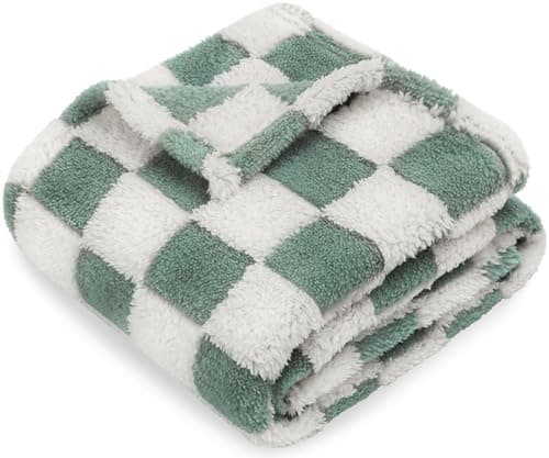HOMRITAR Checkered Baby Blanket for Boys Sage Green Soft Fluffy Fuzzy Blankets with 3D Chessboard Grid, Warmer Comfort Reversible Lightweight Bed Blanket for Toddlers Infant or Newborn 30 x 40 Inch - Image 1