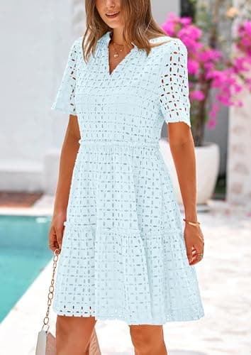 PRETTYGARDEN Eyelet Dresses for Women 2025 Summer Short Sleeve V Neck Hollow Out Ruffle A Line Boho Beach Vacation Mini Dress (Light Blue,Large) - Image 4