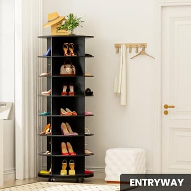 Gujiam Wood 7-Tier Rotating Shoe Rack Tower, 360 with Wheels, Shoe Tree Organizer for Entryway Closet Bedroom, Space-Saving Design, Compact Tower, 66.9 Inch - Black - Image 2