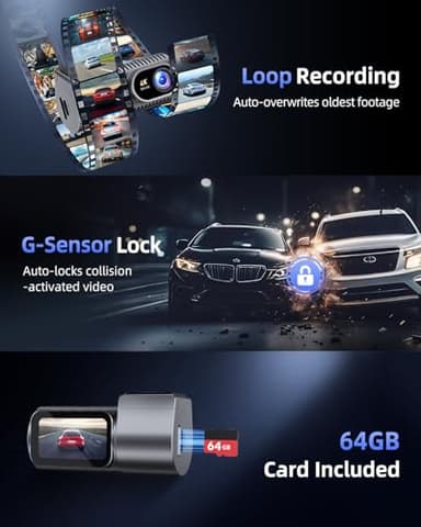 Dash Cam Front 4K - 1.5" IPS Display & 5G WiFi & 64G Card, 360° Rotation Mini Dashcam, Car Camera with WDR Night Vision, 24H Parking Mode, G-Sensor, Loop Recording,170° Angle, Dash Camera for Cars - Image 7