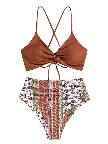 ZAFUL Twist High Waisted Bikini for Women Cross Lace Up Bathing Suit Ruched Bikini Swimsuits Tummy Control Swimwear Orange Tribal L - Image 2