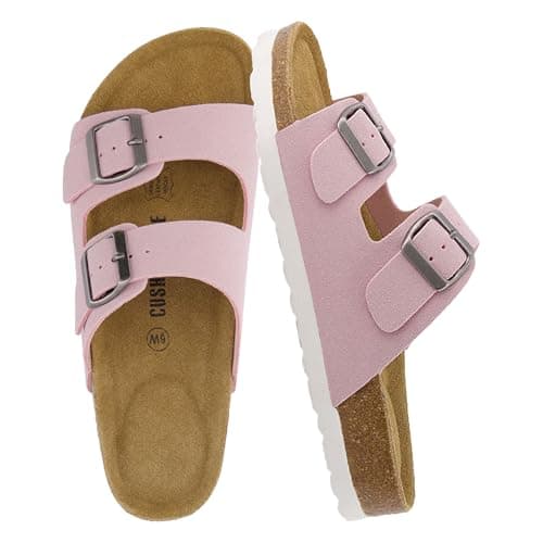 CUSHIONAIRE Lane Cork Footbed Sandals for Women – Comfortable Double Buckle Slip-On with Genuine Suede Footbed & Arch Support Slides for Women Footwear, PINK 7W - Image 1