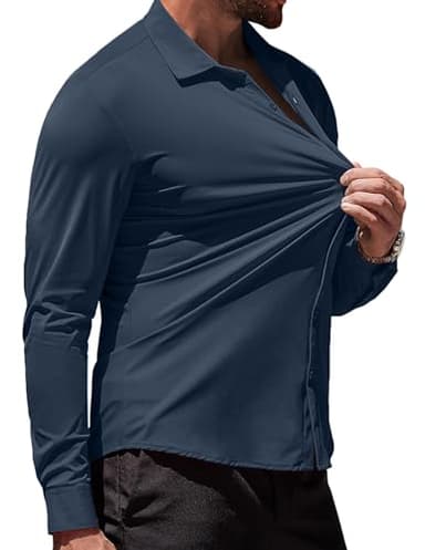 COOFANDY Men's Wrinkle Free Shirts Long Sleeve Slim Fit Dress Shirt Casual Button Down Shirt Dark Blue - Image 2