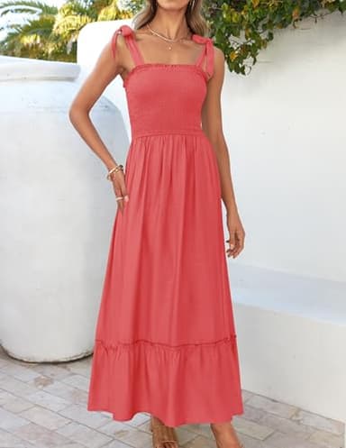 ZESICA Women's 2025 Summer Boho Spaghetti Strap Square Neck Solid Color Ruffle A Line Beach Long Maxi Dress,Watermelon,Large - Image 2